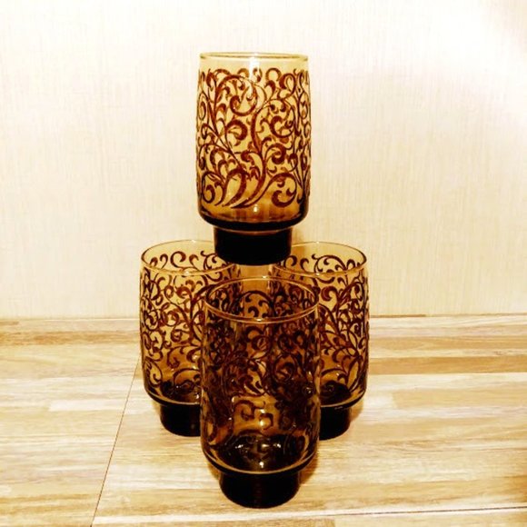 *MCM*LIBBEY PRADO*EMPIRE SCROLLWORK*GLASS TUMBLERS*SET OF FOUR 16 Oz*VTG 1970'S - Picture 1 of 7
